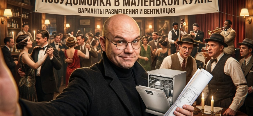 Посудомойка установлена в маленькой кухне с учетом вентиляции.