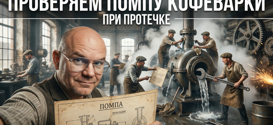 Разобранная кофеварка с акцентом на помпу и прокладки для проверки на утечки.