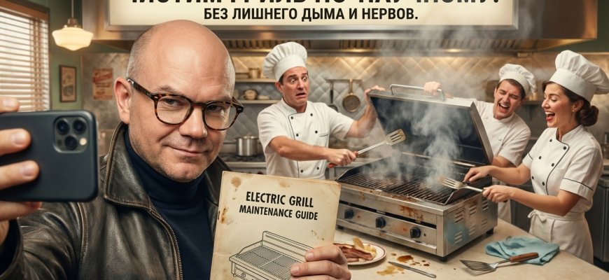 Электрогриль с чистящими средствами и щеткой для ухода за нагревательными пластинами.