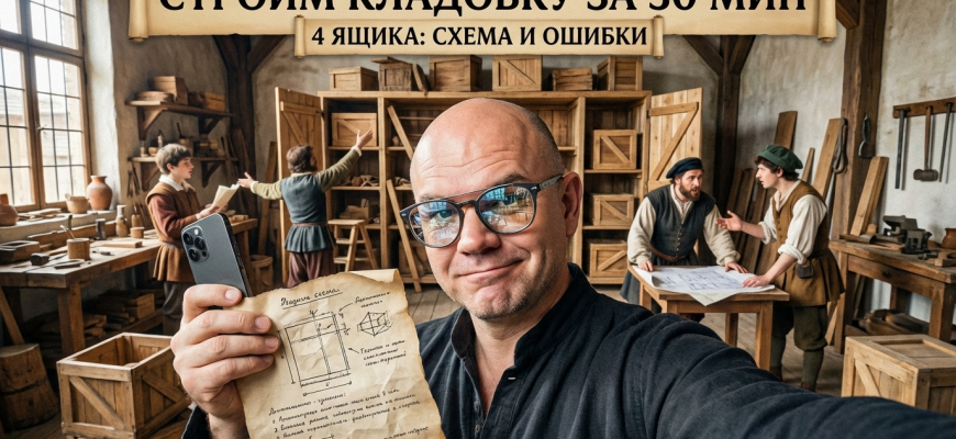 Схема организации кладовки с 4 коробками, шаги и советы по реализации.