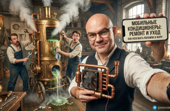 Мобильный кондиционер на фоне домашнего интерьера, акцент на уход и обслуживание устройства.