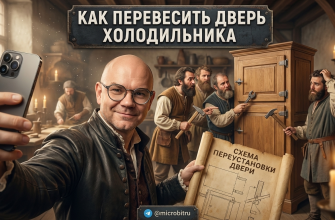 Процесс перевешивания двери холодильника на другую сторону с инструментами.