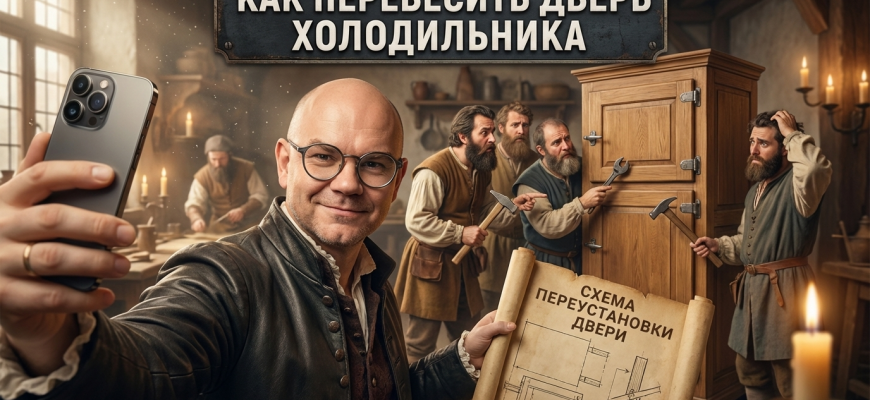 Процесс перевешивания двери холодильника на другую сторону с инструментами.